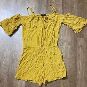 Ambiance small mustard crinkle romper shoulder cut out boho